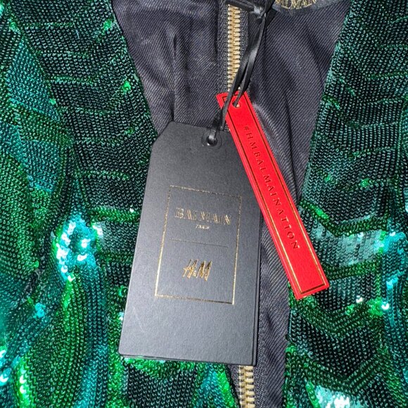Balmain × H&M 2015 Runway Emerald Green Sequin Zipper Plunge Dress Size 2 NWT - Picture 12 of 14